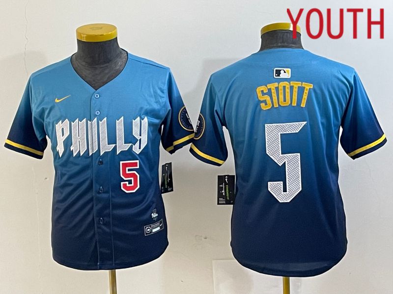 Youth Philadelphia Phillies #5 Stott Blue City Edition Nike 2024 MLB Jersey style 3->youth mlb jersey->Youth Jersey
